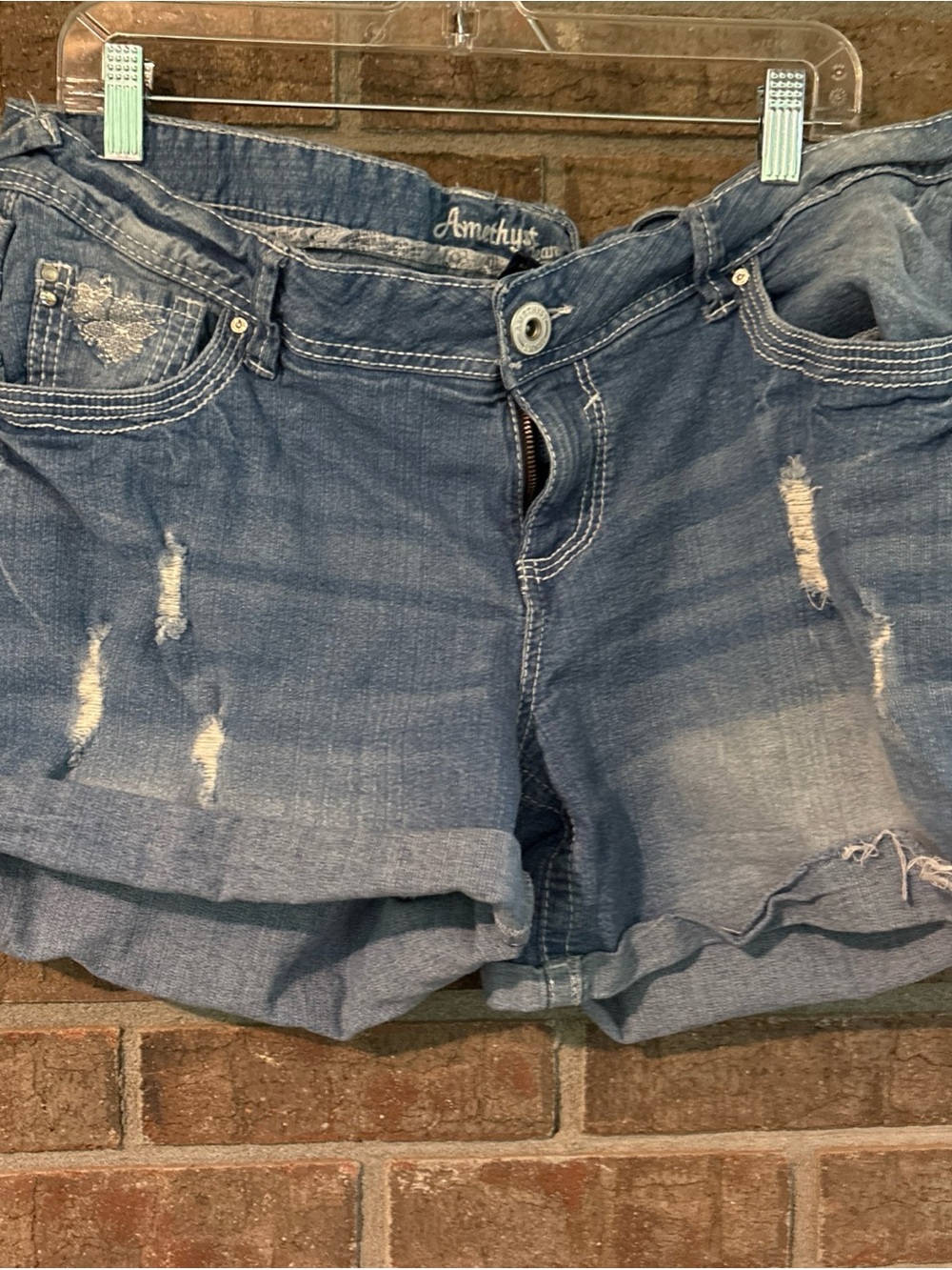 Amethyst Jeans Rolled-Hem Distressed Denim Shorts - Blue
